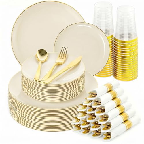 350pcs Plastic Dinnerware Set Ivory and Gold for 50 Guests - color: Ivory, size: 350pcs（50guests）