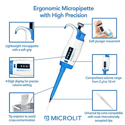 Single-Channel Pipette, Adjustable Volume - Accurate & Calibrated | For 2-20ul Liquid Capacity, Compatible with 20ul Pipette Tips - size: 2-20ul, style: Single-Channel