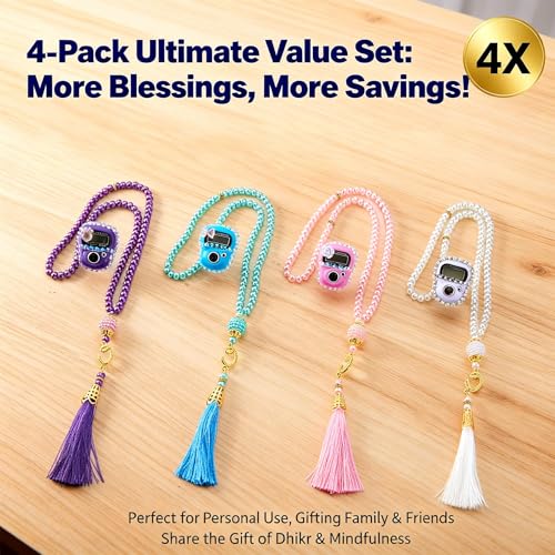 INSYOHO Islamic Prayer Beads & Glitter Tasbeeh Counter 4 Pack - Digital Finger Counter, Muslim Tasbih for Dhikr Meditation Ramadan, Elegant Islamic Gift - color: Pink + White + Sky Blue + Purple
