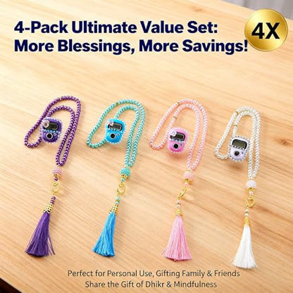 INSYOHO Islamic Prayer Beads & Glitter Tasbeeh Counter 4 Pack - Digital Finger Counter, Muslim Tasbih for Dhikr Meditation Ramadan, Elegant Islamic Gift - color: Pink + White + Sky Blue + Purple