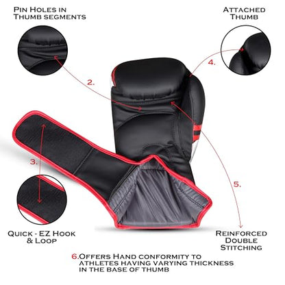 Boxing Gloves for Men & Women – Faux Leather Muay Thai, Kickboxing, MMA & Sparring Gloves – Training Heavy Bag Gloves with Secure Wrist Strap & Thumb Lock – 2 4 6 8 10 12 14 16oz - color: RED/BLACK, size: 10 OZ