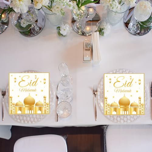 100Pcs Eid Mubarak Paper Napkins White and Gold Moons Stars Guest Lunch Dinner Tableware Disposable Dessert Napkin Set for Muslim Kitchen Holiday Party Supplies Decoration,6.5 x 6.5 inch