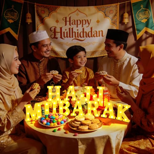 Aurelema Sukkot Large LED Letter Sign LED Lights Battery Powered Table Decoration for Party Gift Tabletop Decoration(Hajj Mubarak) - size: 8.27 inches, style: Hajj Mubarak