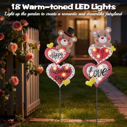 Lewondr 2 Pcs Valentine's Day Decorations Outdoor, Metal Solar Pathway Lights, Love Bear Decorative Garden Stakes Lights with 12 LED Beads, Waterproof Yard Signs for Porch Lawn Wedding Anniversary - style: Heart and Bear