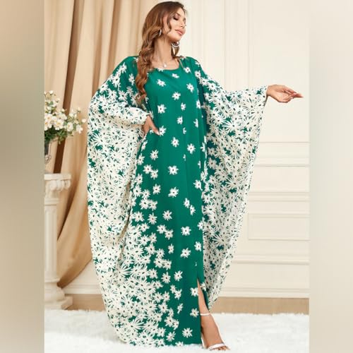 Embroidered Abaya Kaftans for Women Modern Elegant Dubai Moroccan Dubai Kaftan Dresses Abaya for Women Muslim Dress - color: Green-dandelion