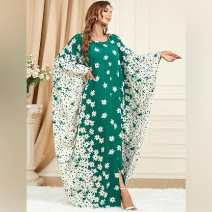 Embroidered Abaya Kaftans for Women Modern Elegant Dubai Moroccan Dubai Kaftan Dresses Abaya for Women Muslim Dress - color: Green-dandelion
