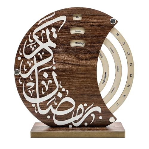 Ramandan Perpetual Desk Calendar Islamic Table Decor Muslim Gifts Wooden Ring A Date Reusable Ramadan Countdown Calendar Decoration for Home Office Living Room Tabletop Shelf