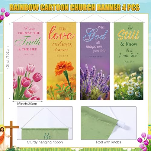 Panelee 4 Pcs Church Banners for Sanctuary Wall Blooming Flower Church Banners with Scripture Inspirational Religious Praise Bible Verses Hanging Backdrop Signs for Sunday School Worship Decoration - style: Bible Flower