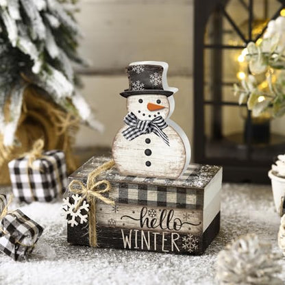 4 Pcs Winter Snowman Decor Hello Winter Table Decorations Christmas Tiered Tray Decor Centerpiece Indoor Rustic Wooden Snowman Block Sign Gift Farmhouse for Home Kitchen Shelf - style: Snowman