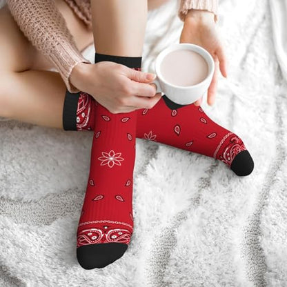 Cute Goldendoodle Unisex Funny Novelty Socks, Funky Crazy Cool Crew Dress Socks - color: Red Bandana Colorful Paisley Bandanna
