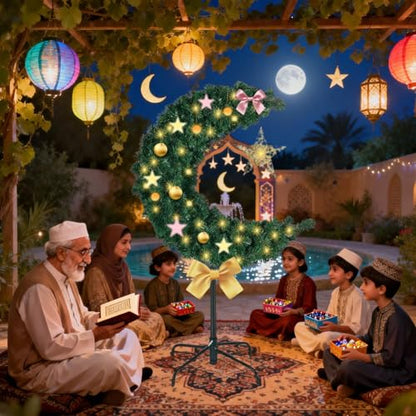 3ft Lighted Ramadan Moon Tree with Star Decorations, Islamic Crescent Artificial Decor for Home, Eid Tree