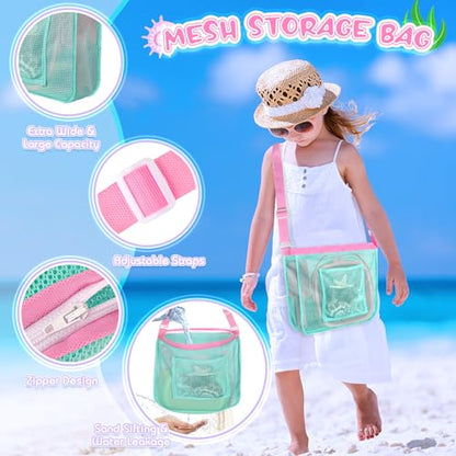 FHOZGECY Beachcombing Treasure Kit with 2 Sifters for Family Beach Vacation | Collapsible Bucket, Stainless Mesh Shovel, Shark Tooth Sifter, Scoop and Mesh Bag for Shelling, Outdoor Play for Kids 3-12
