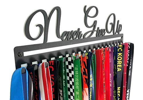 Metal Wall Mount Motivational Medal Hanger Display and Lanyard Ribbon Holder - Ribbon Display Rack with Easy Hanging Hooks & Simple Install, Gifts for Kids & Adults - style: Never Give Up