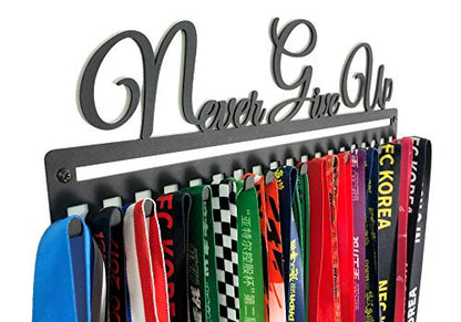Metal Wall Mount Motivational Medal Hanger Display and Lanyard Ribbon Holder - Ribbon Display Rack with Easy Hanging Hooks & Simple Install, Gifts for Kids & Adults - style: Never Give Up