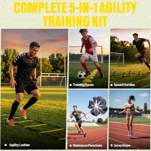 Agility Ladder, Soccer Football Training Equipment Set - 20ft Speed Ladder, 4 Hurdles,Parachute, 12 Cones & Jump Rope | Agility & Speed Training for Kids Youth Adults,Basketball & Football Accessories - color: Yellow
