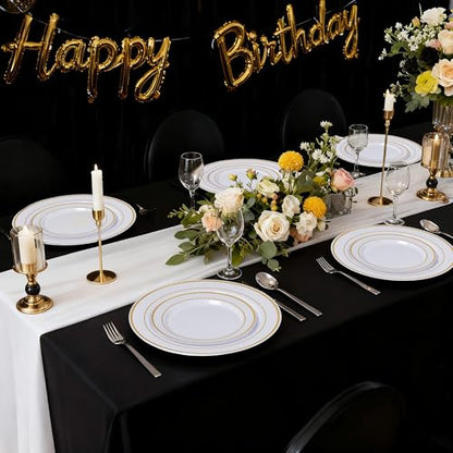 175PCS Disposable Plastic Plates,Gold Plastic Dinnerware Set Includes 25 Dinner Plates, 25 Dessert Plates, 25 Pre Rolled Napkins with Gold Silverware, 25 Cups for Party, Wedding, Birthday - color: White and Gold