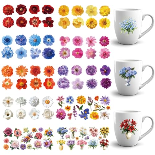 59 Pcs UV DTF Cup Wraps, Flower Printed Transfer Stickers Waterproof Transfer Stickers for Glass Cups Wood Crafts Scrapbooking Journals - style: Floral Print