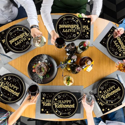 48Pcs Happy Retirement Paper Plates and Napkins Retirement Party Decorations Farewell Black and Gold Party Supplies Disposable Dinnerware Dessert Plates for Birthday Graduation Women Men Serves 24 - style: Happy Retirement