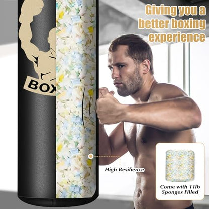 Filled Punching Bag for Adults, 4FT PU Leather Hanging Bag with 11lb Sponge Filler, Come with 12OZ Gloves, Heavy Bag Boxing Equipment for Training Karate Kickboxing Home Gym
