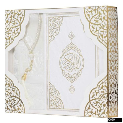 Muslim Prayer Rug, Elegant Full Arabic Thermo Leather Quran(9.4 * 6,6 inch / 24 * 17 cm) Beads I Perfect Islamic Gift I Suitable for Men, Women, Kids I Luxury Islamic Gift | Islamic Ramadan Eid Gifts - color: White