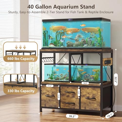 Heybly 30-40 Gallon Fish Tank Stand, Aquarium Stand with Drawer, Power Outlet, Heavy Duty Metal Frame, for Fish Tank, Turtle & Reptile Terrarium, 36.2" L × 18.1" Top, 660lbs (Top)+330lbs(Mid), Rustic Brown HAS004SR - color: Rustic Brown, size: 40 gal