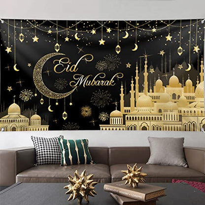 Aviski Eid Mubarak Banner 78 x 43 Inch Black Background Banners for Muslim Party Decorations