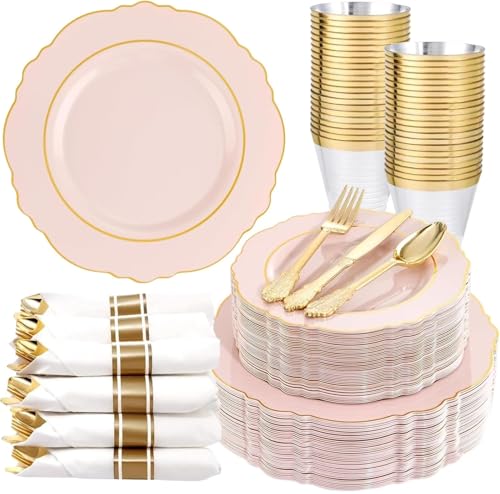 Liacere 350PCS Pink Plates Disposable-PinK Plates 50guest Baroque Plastic Dinnerware include 100Plates, 50Pack Pre Rolled Napkins with Silverware 50Cups Perfect for Wedding & Party & Baby shower - color: Pink
