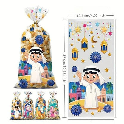 50pcs Eid Mubarak Colorful Gift Bags with Moon, Castle & Star Designs - with Tie Closure for Ramadan Kareem Celebrations & Islamic Muslim Party Favors (Transparent pattern) - color: Transparent pattern