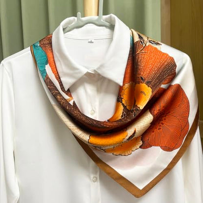 FONYVE Silk Feeling Scarf Medium Square Satin Head Scarf for Women 27.5 × 27.5 inches - color: 03 Orange & Brown Flowers