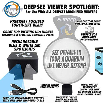 Flipper DeepSee MAGNIFIED Viewer Fish Tank Aquarium Rechargeable LED Spotlights with Dual LED and USB Recharging Cord
