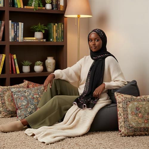 Hijab Modest and Elegant | Beautifully Designed Printed Chiffon Patterns | Muslim Women Head Scarf and Veil - color: Black P