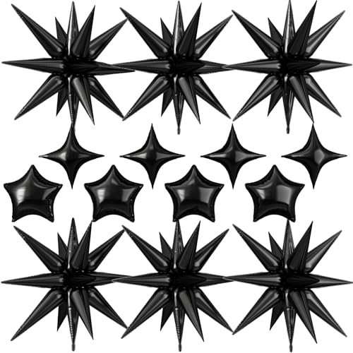 14PCS Black Star Balloons, 22 Inch Explosion Stars & 10 Inch Foil Balloons - color: Black