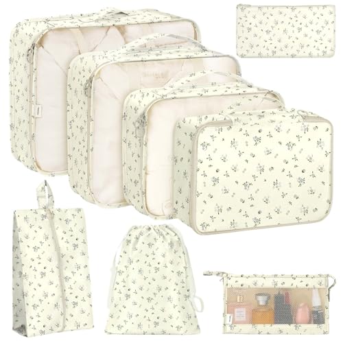 KPX 8 Set Packing Cubes for Travel, Luggage Packing Organizers Accessories Large Toiletries Bag for Clothes Shoes Cosmetics (8Set-Gray Flower) - color: 8Set-Gray Flower