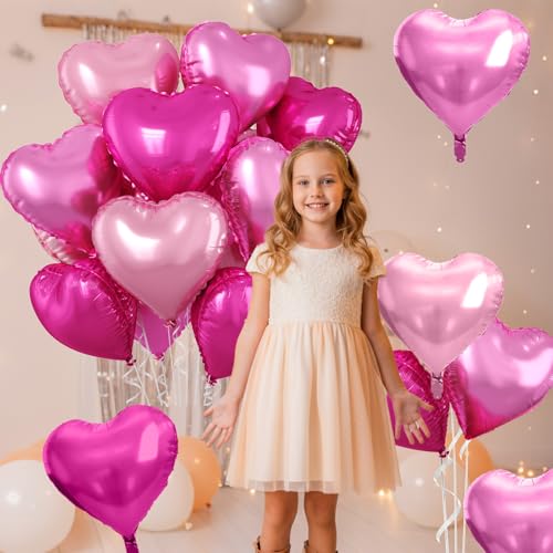 Hot Pink Heart Balloons, 10PCS Rose Foil for Girls Birthday Valentine Party - color: Hot Pink Light Pink