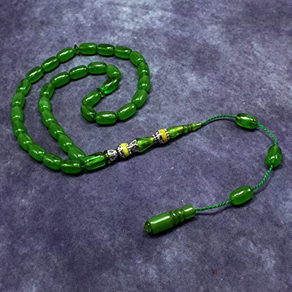 EXCLUSIVE COLLECTION -Handmade Silver Engraved Bakelite Tesbih, Tasbih, Islamic Rosary, Islamic Prayer Beads, Misbaha (6x11 mm 33 Lime Green Beads) - color: 6x11 mm 33 Lime Green Beads