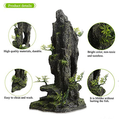 Saim Fish Tank Decorations, 14.4'' Tall Mountain View Stone Aquarium Ornament, Artificial Mountain Hill View Stone Rock Cave Fish Hiding Cave for Betta Amano Shrimp Cichlid to Play,Hide and Rest - A