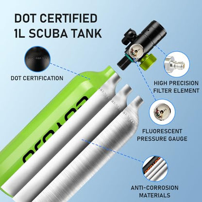 GOYOJO Mini Scuba Tank, Portable Diving Lung Air Tank with DOT Certified | Refillable Emergency Backup Pony Bottle for Snorkeling, Underwater Breathing, Training - color: 1L Obsidian Green