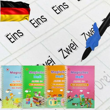 4 Magic Tracing Practice Books – Grooved Handwriting German Copybooks for Kids, Reusable Writing Practice Workbooks Without Tears, Disappearing Ink for Toddlers Preschool Learn (German) - color: German