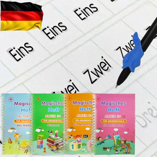 4 Magic Tracing Practice Books – Grooved Handwriting German Copybooks for Kids, Reusable Writing Practice Workbooks Without Tears, Disappearing Ink for Toddlers Preschool Learn (German) - color: German