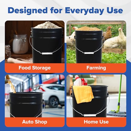 5 Gallon Plastic Bucket with Airtight Lid | Made in USA | Food Grade Bucket | BPA-Free | Heavy Duty 90 Mil All Purpose Pail | One 12" Rubber Mallet & One Lid Opener Included | 1 Pack - color: Black, size: 1 Pack