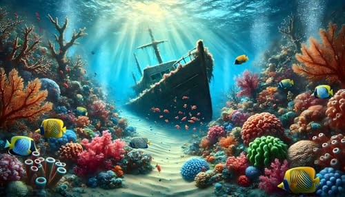 Undersea Shipwreck Aquarium Background Underwater World Coral Fish Tank Background 24x12 Inches PVC Glass Container Decoration with Tapes - color: Shipwreck, size: 24"x12"/60x30cm