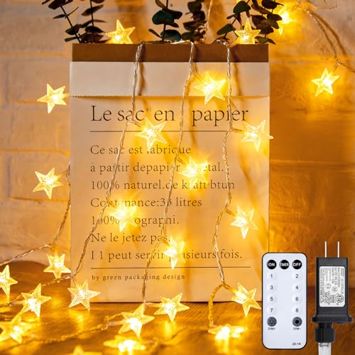 Minetom 66ft Plug in Star String Lights Plug in with Remote and Timer - color: Warm White - 66ft