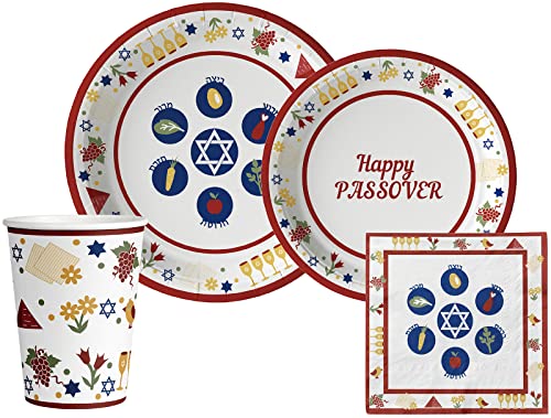Traditional Passover Tableware Pack: Disposable Paper Plates, Napkins and Cups Set for 20 - color: Traditional Passover