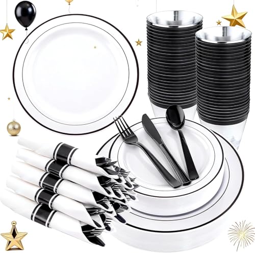 WELLIFE 210Pcs Black Plastic Dinnerware with Pre Rolled Napkins, Include:30 Dinner Plates, 30 Dessert Plates, 30 Paper Napkins, 30 Cups, 90 Plastic Cutlery - color: Black, style: 210PCS（30 Guests）