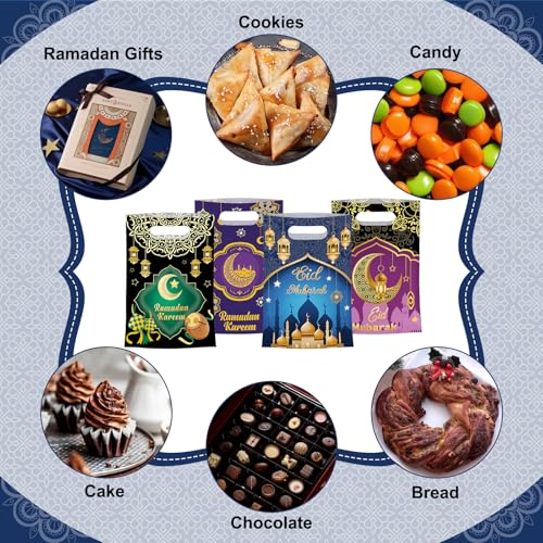 50 Pcs Ramadan Gift Bags with Handles - Eid Mubarak Goodie Bag, Ramadan Kareem Plastic Goody Candy Cookie Snack Treat Party Favor Bags Bulk for Islamic Muslim Eid Mubarak Party Supplies Favors,4 Style - color: Ramadan