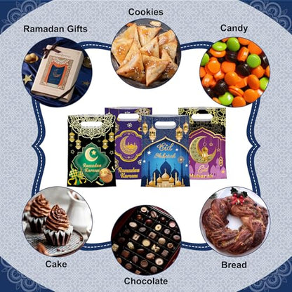 50 Pcs Ramadan Gift Bags with Handles - Eid Mubarak Goodie Bag, Ramadan Kareem Plastic Goody Candy Cookie Snack Treat Party Favor Bags Bulk for Islamic Muslim Eid Mubarak Party Supplies Favors,4 Style - color: Ramadan