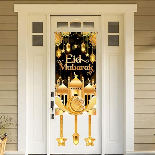 Eid Mubarak Ramadan Hanging Door Decoration, Black Gold Moon Lantern Hanging Banner for Ramadan Decorations, 2026 Eid Mubarak Party, Passover Decor for Home Outdoor - color: black gold