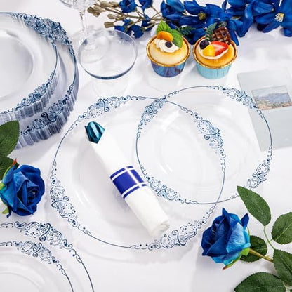 Hioasis 175pcs Clear and Blue Plates - Blue Party Plates for 25 Guest, Include 50 Heavy-duty Plates(20% Thicker Than Standard), 25 Pre Rolled Gold Plastic Silverware Set, 25 Cups for Graduation - color: Clear and Blue