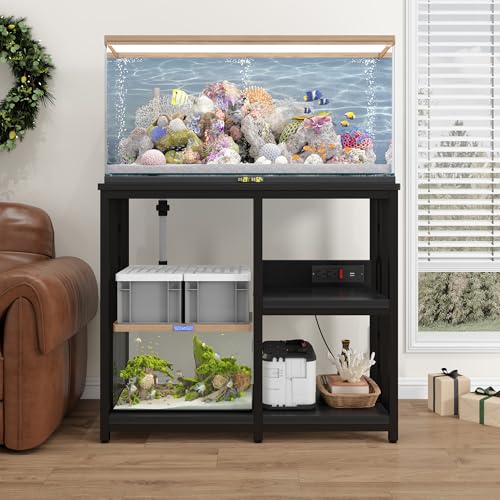Heavy Duty 40-50 Gallon Aquarium Stand with Power Outlets, 3-Tier Adjustable Metal Fish Tank Stand with Storage Shelf for 5-10 Gallon Tanks, Reptile Terrariums & Supplies Organizer, 720LBS Capacity (Black + Black) - color: Black + Black