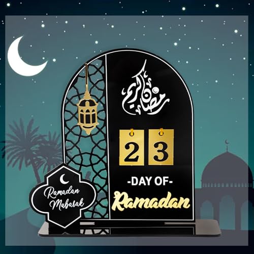 Black Acrylic Countdown Advent Calendar 31 Days Til Eid' Lantern Design, Eid Mubarak Ornament for Ramadan Kareem Tabletop Decorations